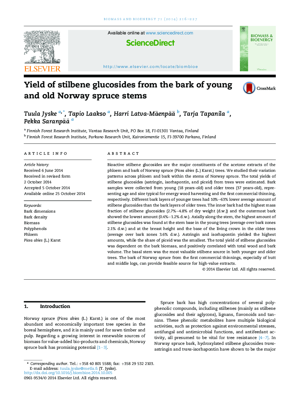 Yield of stilbene glucosides from the bark of young and old Norway spruce stems