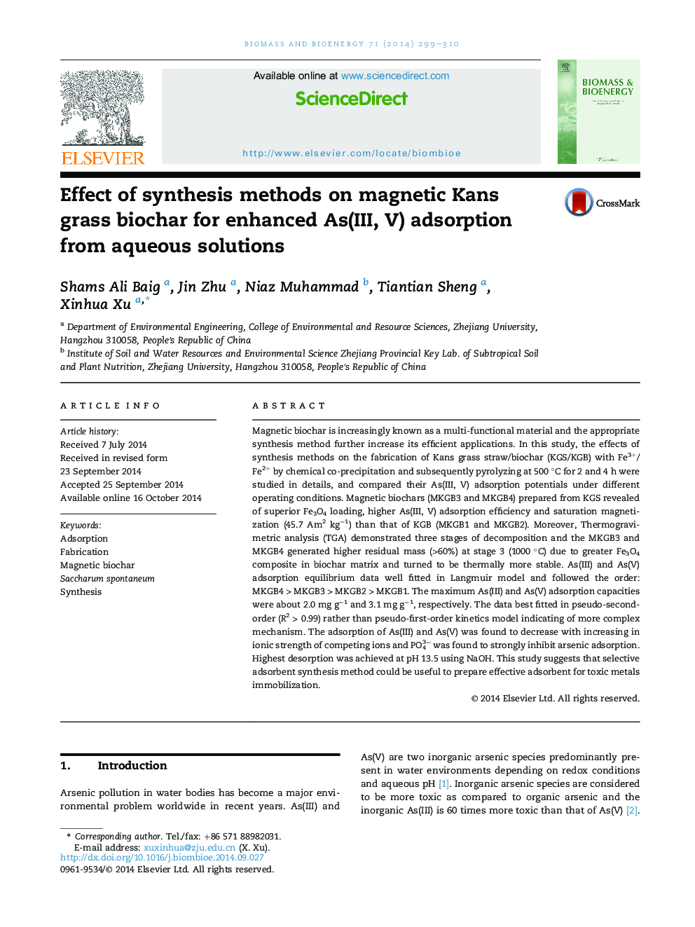 Effect of synthesis methods on magnetic Kans grass biochar for enhanced As(III, V) adsorption from aqueous solutions