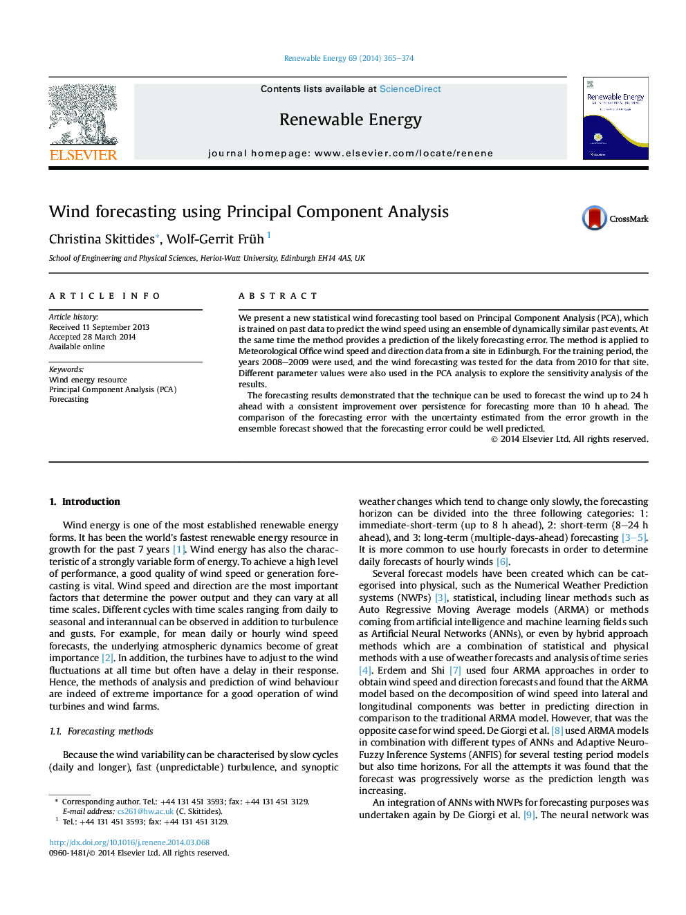 Wind forecasting using Principal Component Analysis