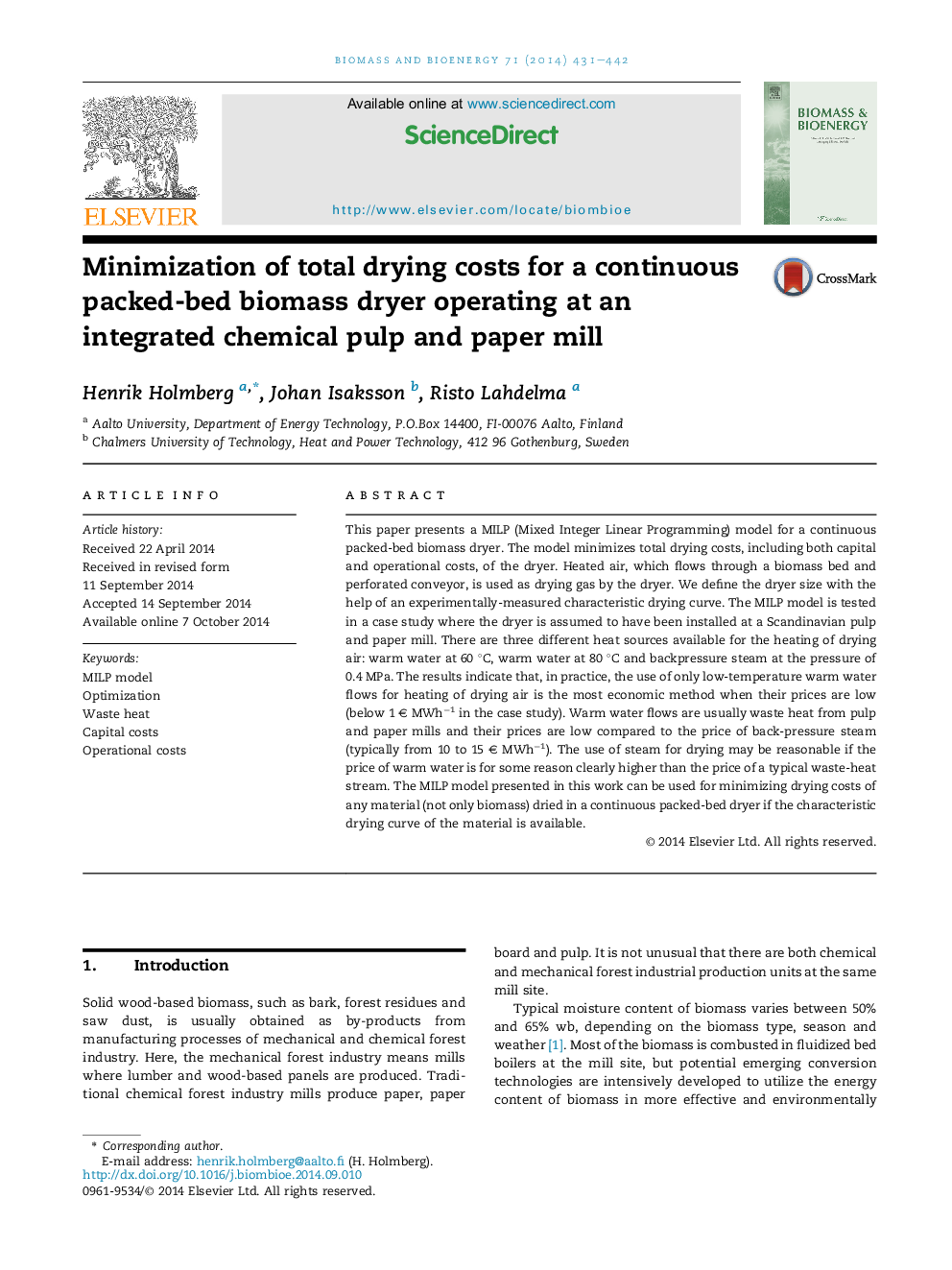 Minimization of total drying costs for a continuous packed-bed biomass dryer operating at an integrated chemical pulp and paper mill