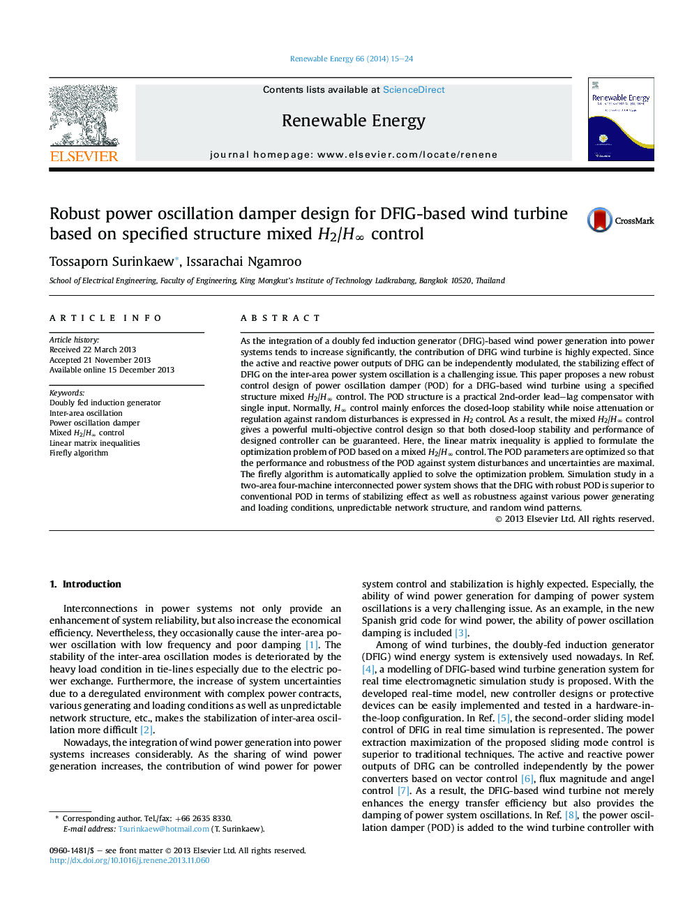 Robust power oscillation damper design for DFIG-based wind turbine based on specified structure mixed H2/Hâ control