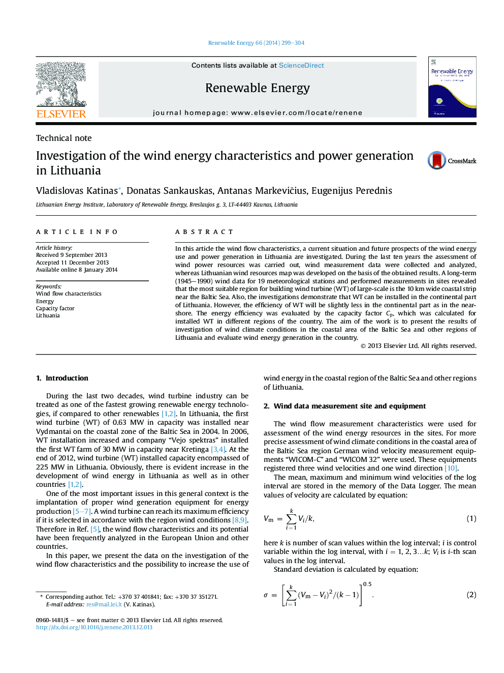 Investigation of the wind energy characteristics and power generation in Lithuania