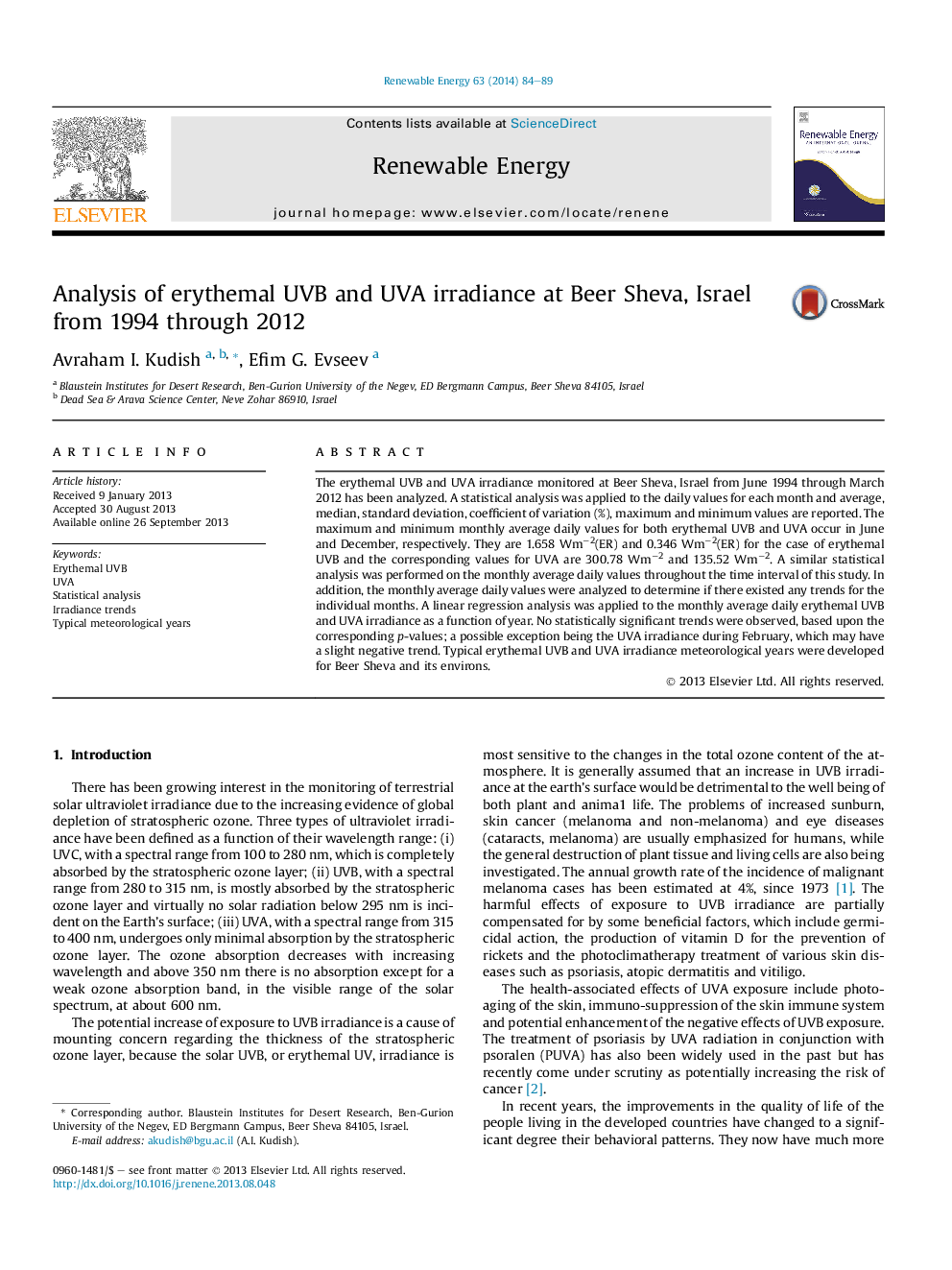 عکس صفحه اول مقاله: Analysis of erythemal UVB and UVA irradiance at Beer Sheva, Israel from 1994 through 2012 Analysis of erythemal UVB and UVA irradiance at Beer Sheva, Israel from 1994 through 2012