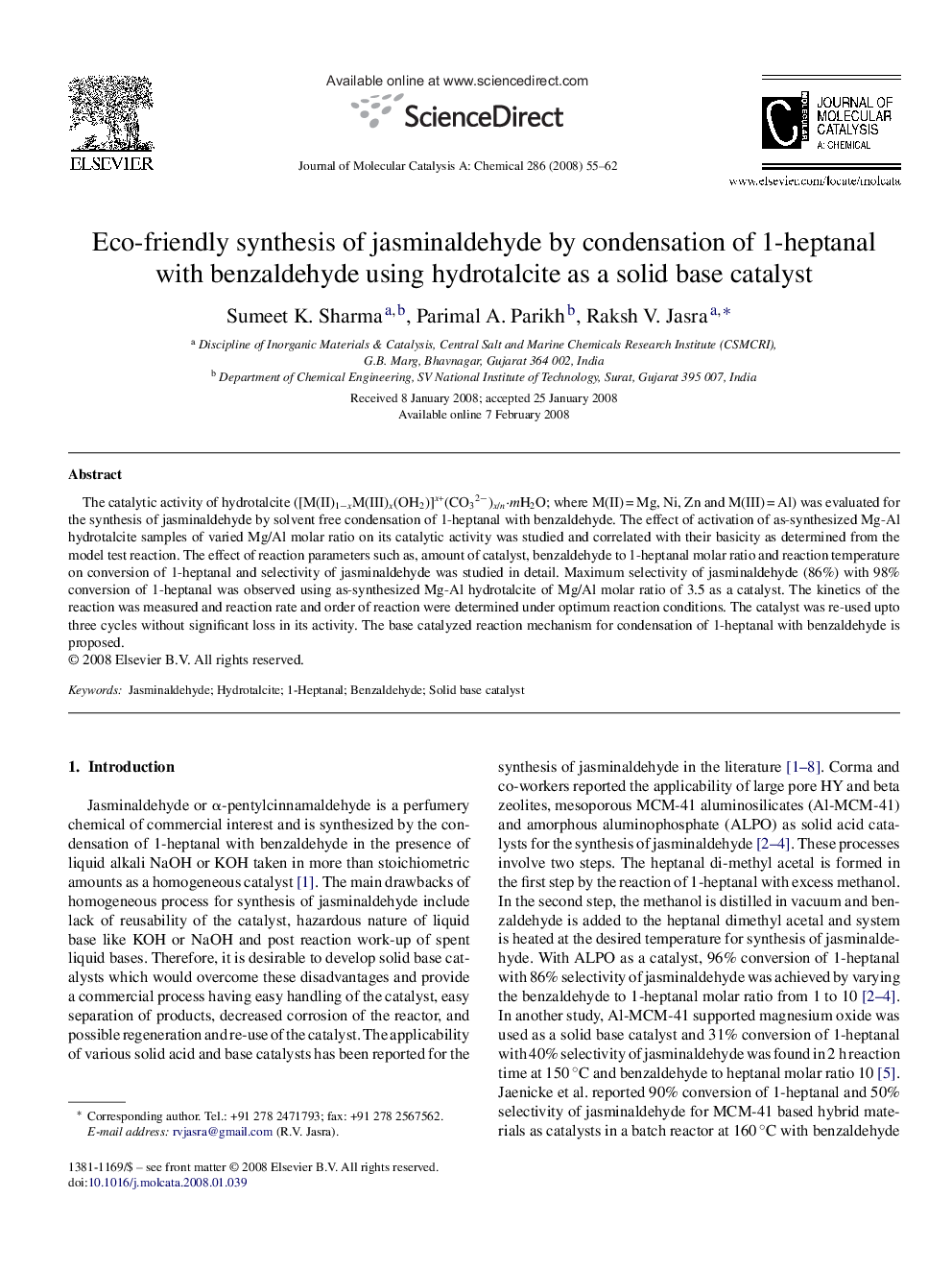 Eco-friendly synthesis of jasminaldehyde by condensation of 1-heptanal with benzaldehyde using hydrotalcite as a solid base catalyst