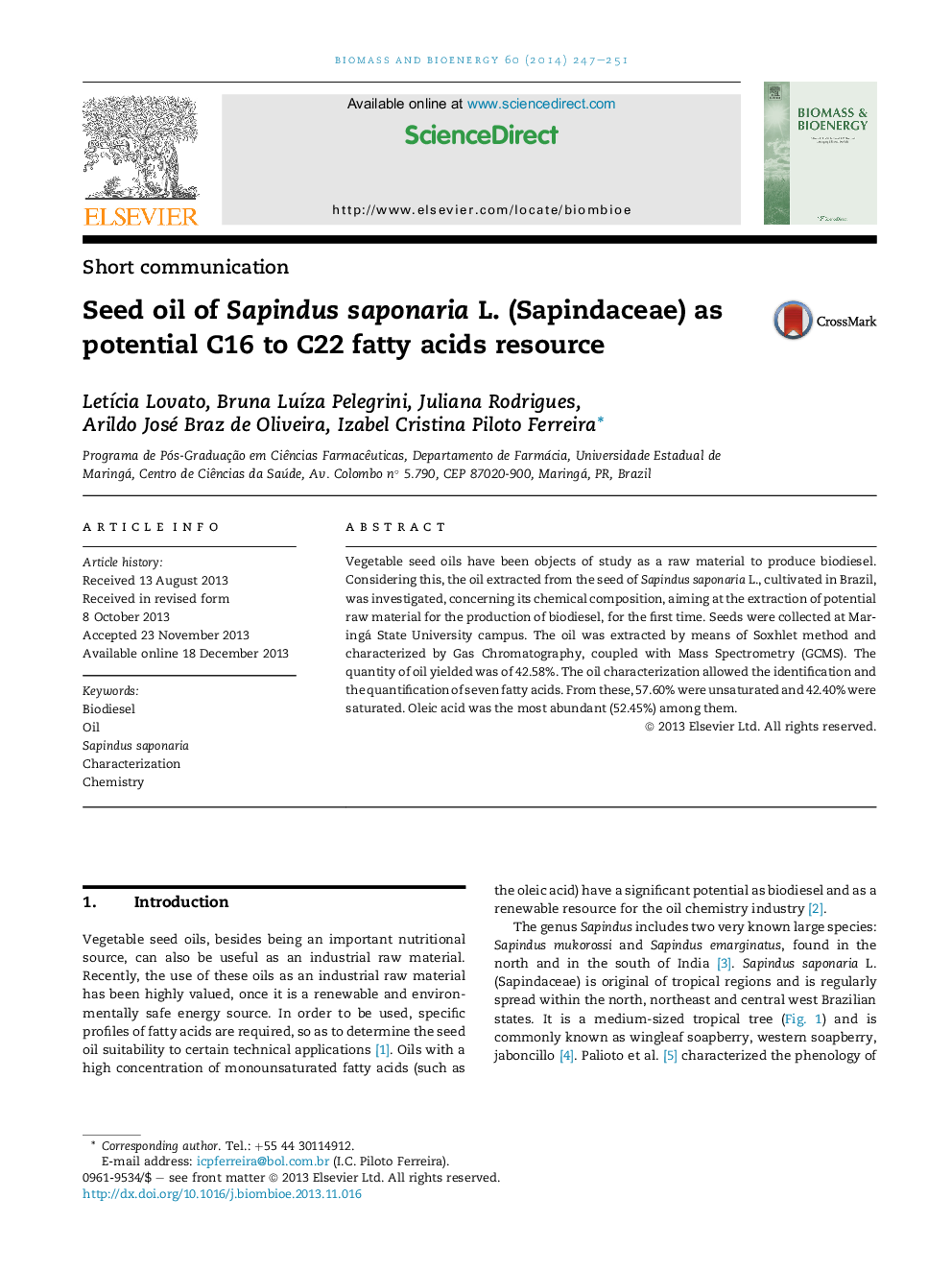 Seed oil of Sapindus saponaria L. (Sapindaceae) as potential C16 to C22 fatty acids resource