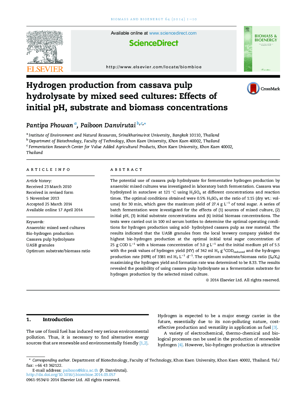 Hydrogen production from cassava pulp hydrolysate by mixed seed cultures: Effects of initial pH, substrate and biomass concentrations