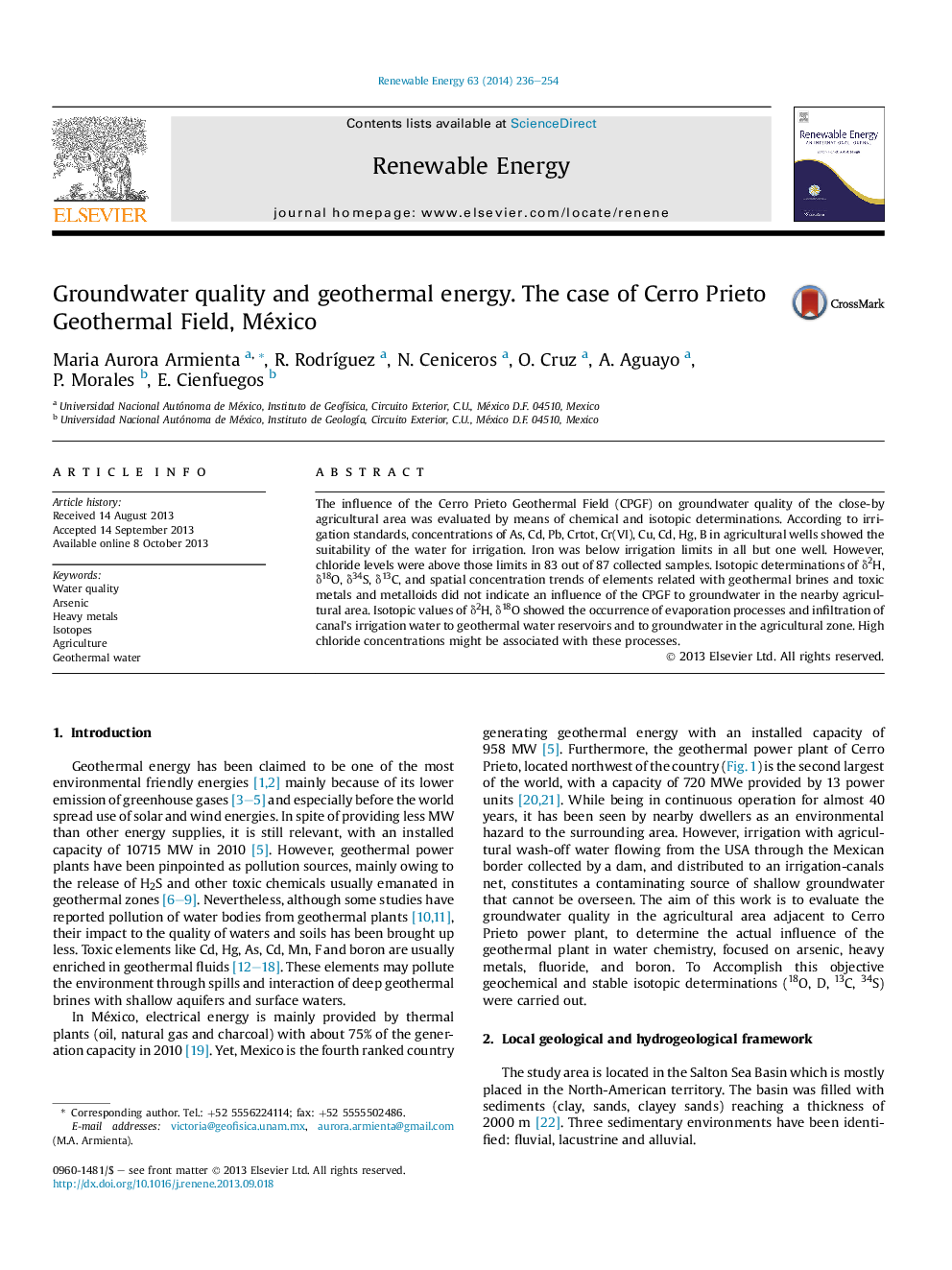 Groundwater quality and geothermal energy. The case of Cerro Prieto Geothermal Field, México