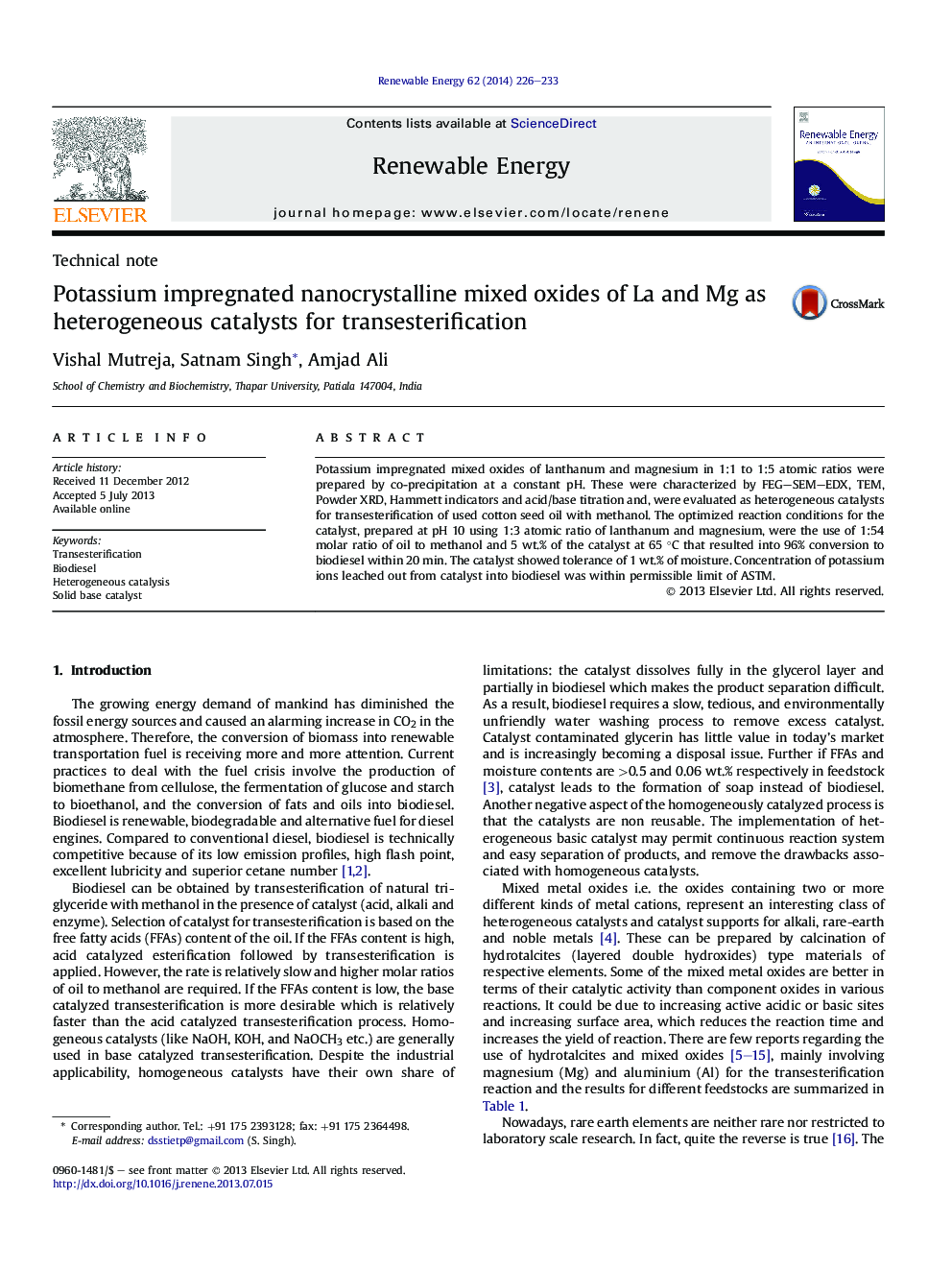 Potassium impregnated nanocrystalline mixed oxides of La and Mg as heterogeneous catalysts for transesterification