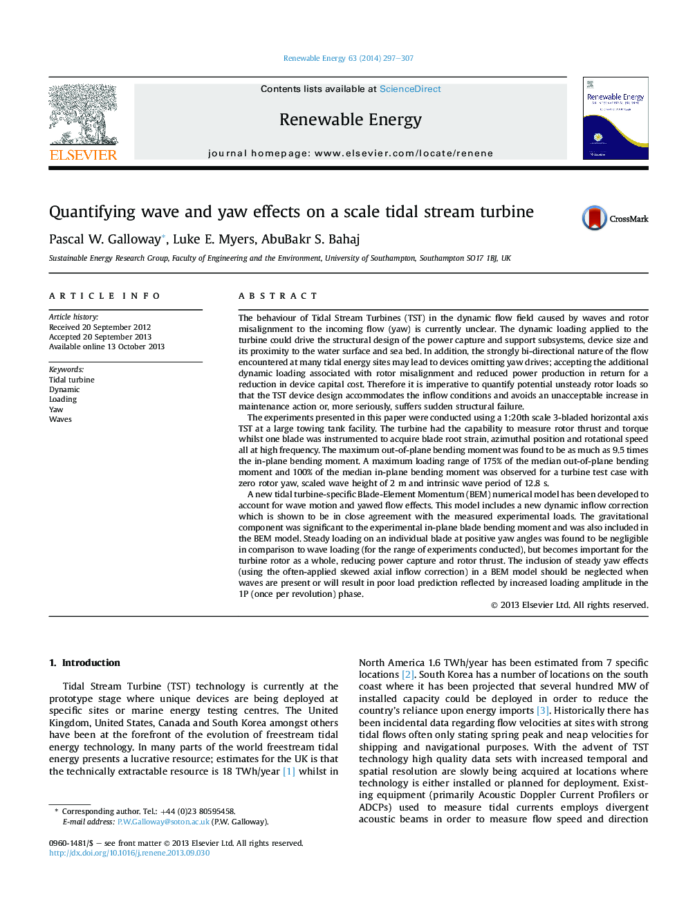 Quantifying wave and yaw effects on a scale tidal stream turbine