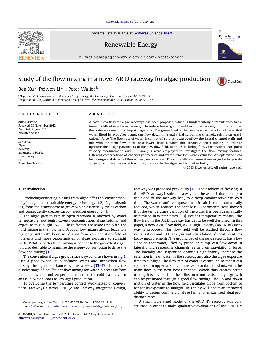 Study of the flow mixing in a novel ARID raceway for algae production