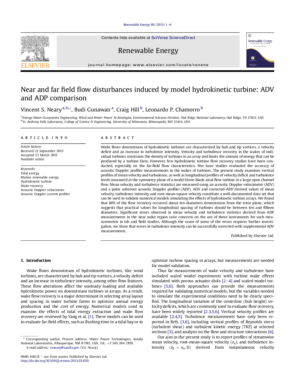 Near and far field flow disturbances induced by model hydrokinetic turbine: ADV and ADP comparison