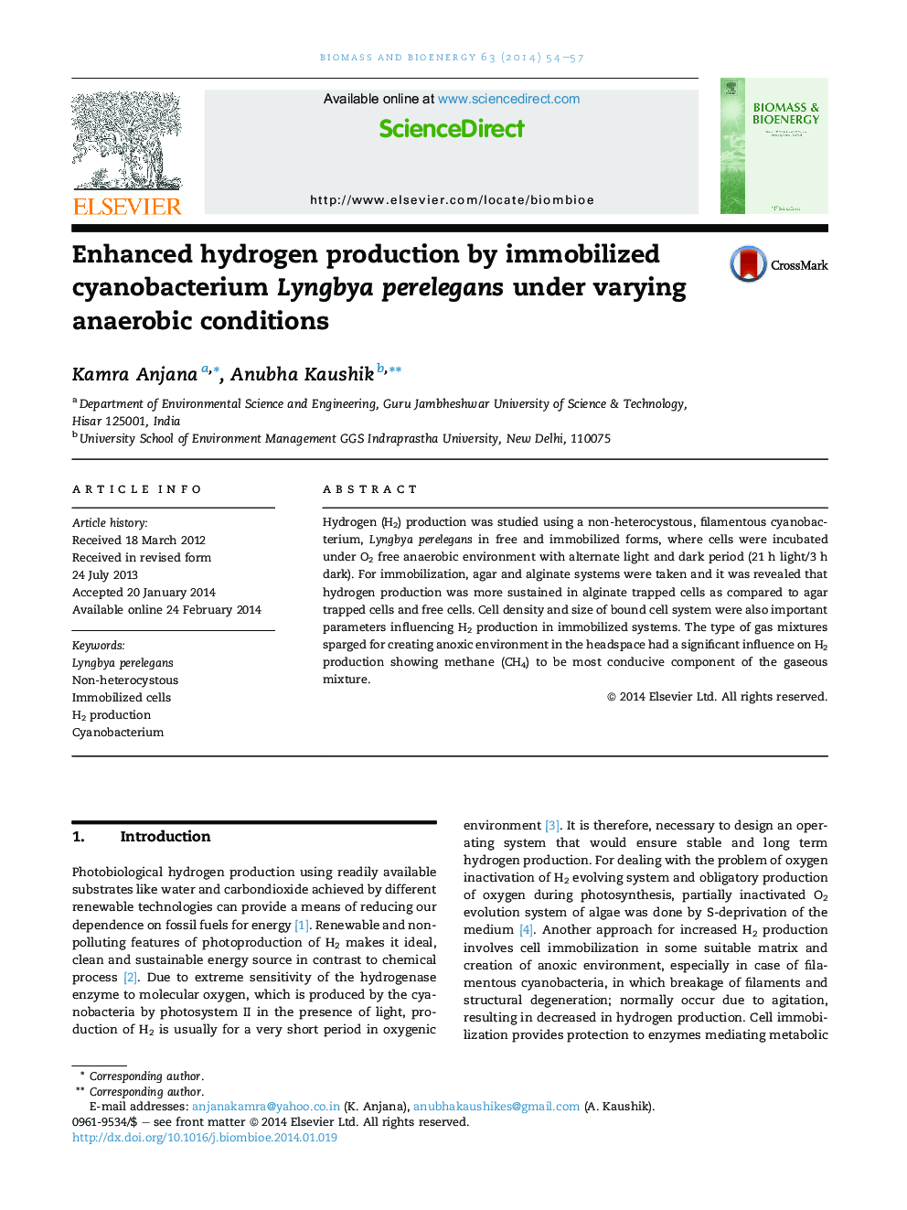 Enhanced hydrogen production by immobilized cyanobacterium Lyngbya perelegans under varying anaerobic conditions