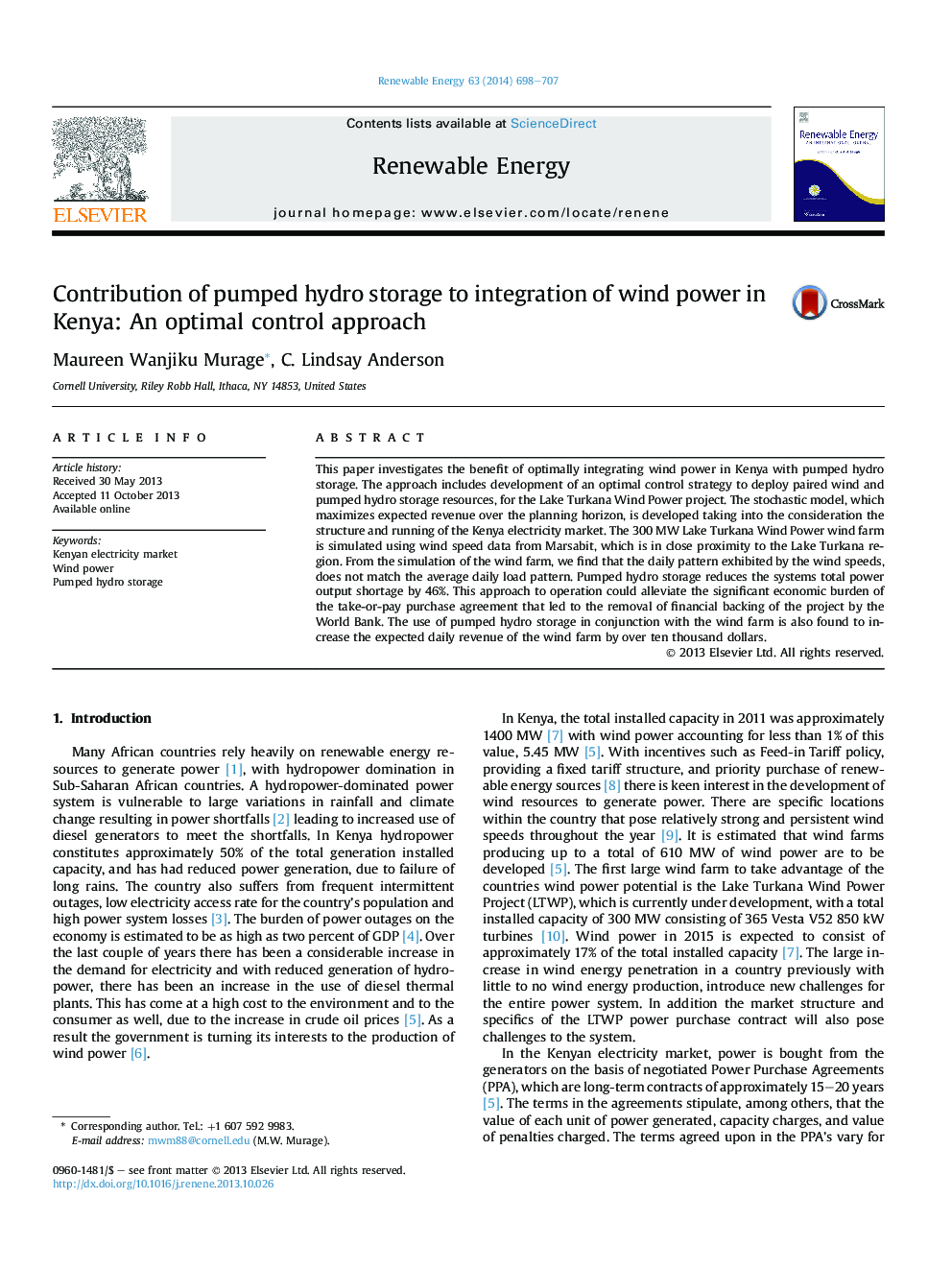 Contribution of pumped hydro storage to integration of wind power in Kenya: An optimal control approach