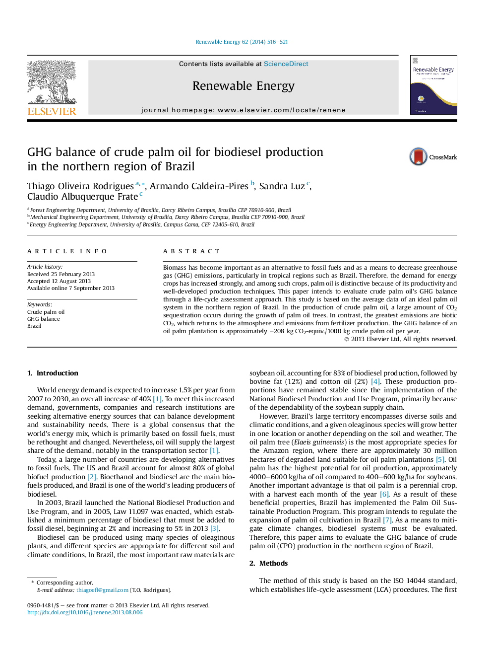 GHG balance of crude palm oil for biodiesel production in the northern region of Brazil