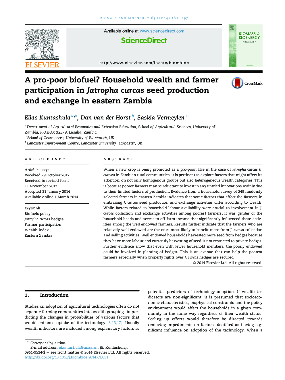 A pro-poor biofuel? Household wealth and farmer participation in Jatropha curcas seed production and exchange in eastern Zambia