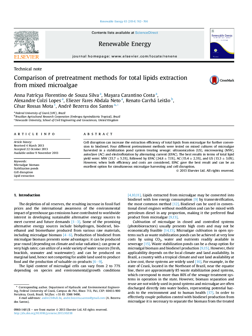 Comparison of pretreatment methods for total lipids extraction from mixed microalgae