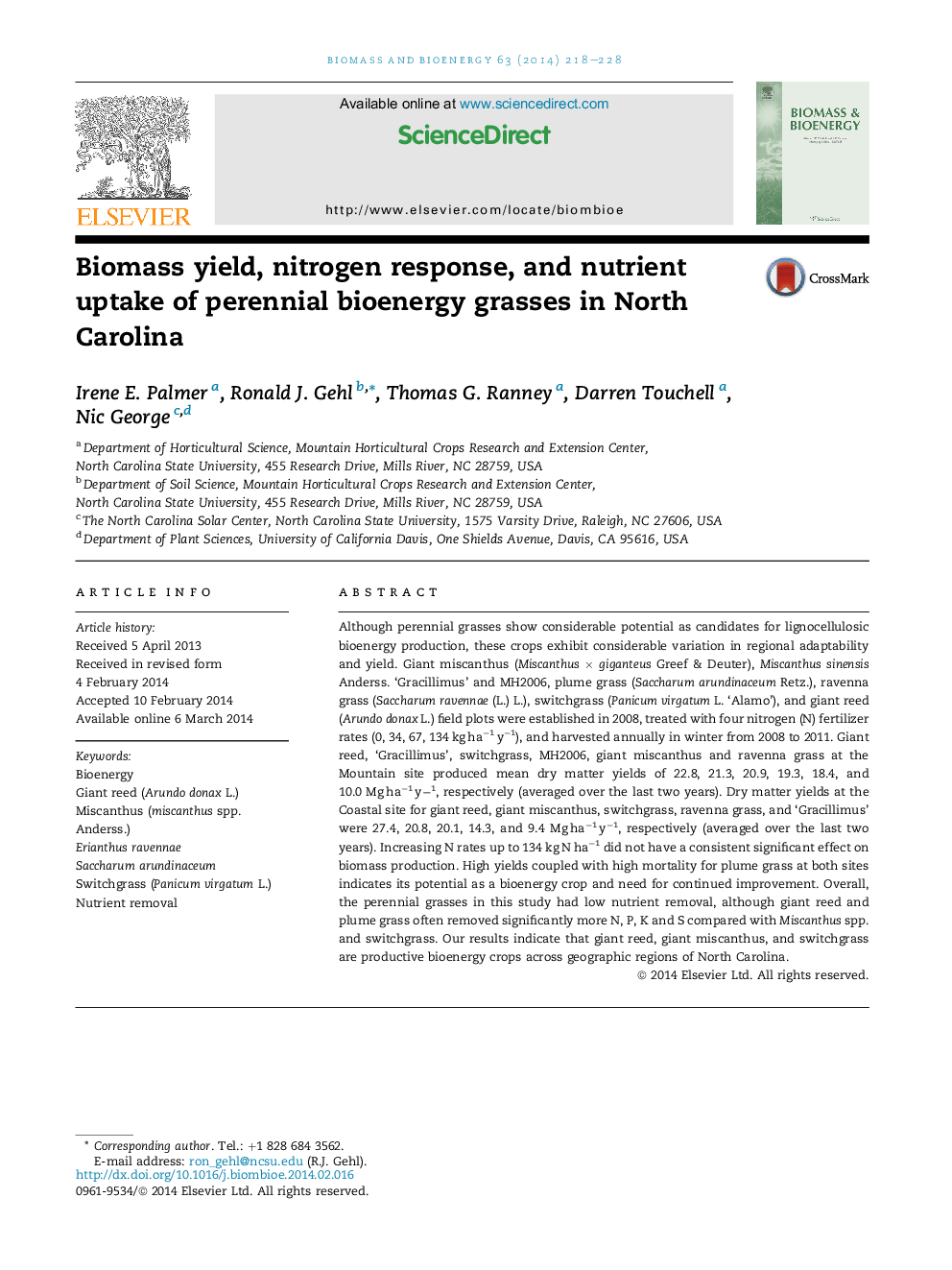 Biomass yield, nitrogen response, and nutrient uptake of perennial bioenergy grasses in North Carolina