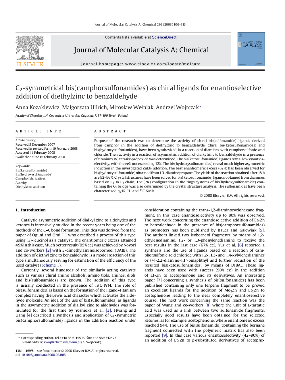 C2-symmetrical bis(camphorsulfonamides) as chiral ligands for enantioselective addition of diethylzinc to benzaldehyde