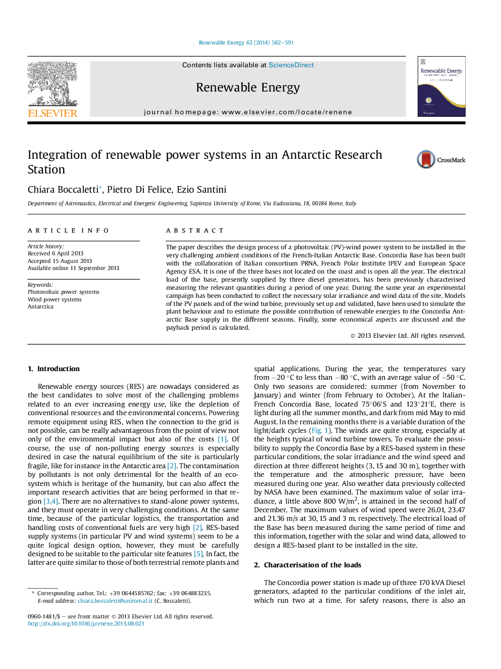 Integration of renewable power systems in an Antarctic Research Station