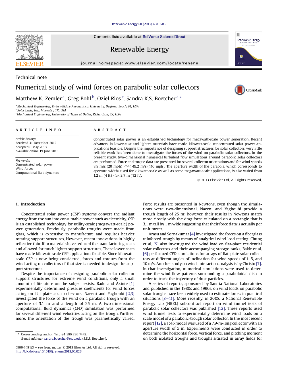 Numerical study of wind forces on parabolic solar collectors