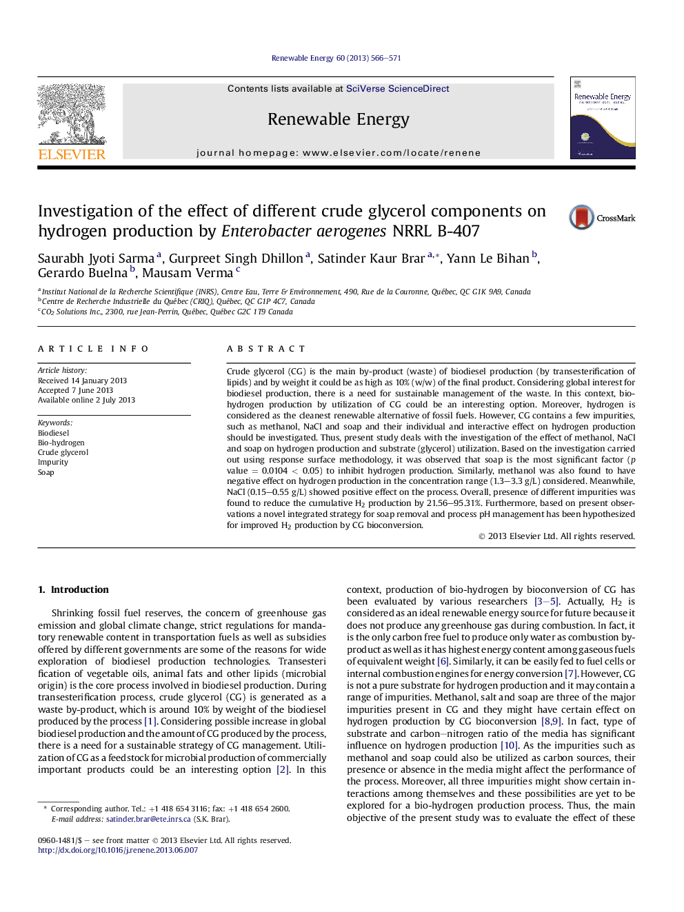 Investigation of the effect of different crude glycerol components on hydrogen production by Enterobacter aerogenes NRRL B-407