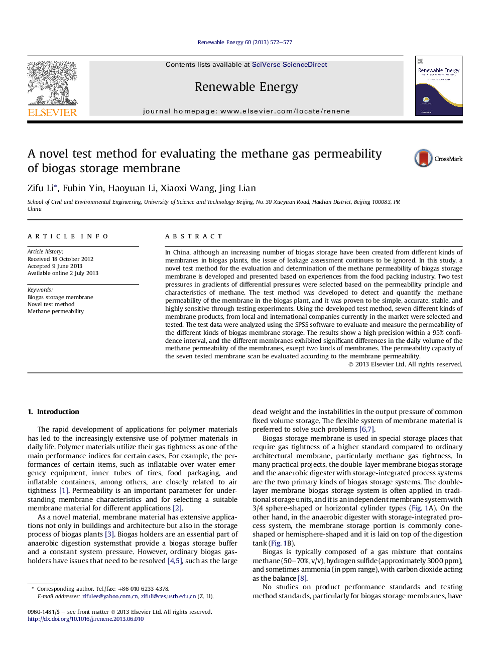 A novel test method for evaluating the methane gas permeability of biogas storage membrane