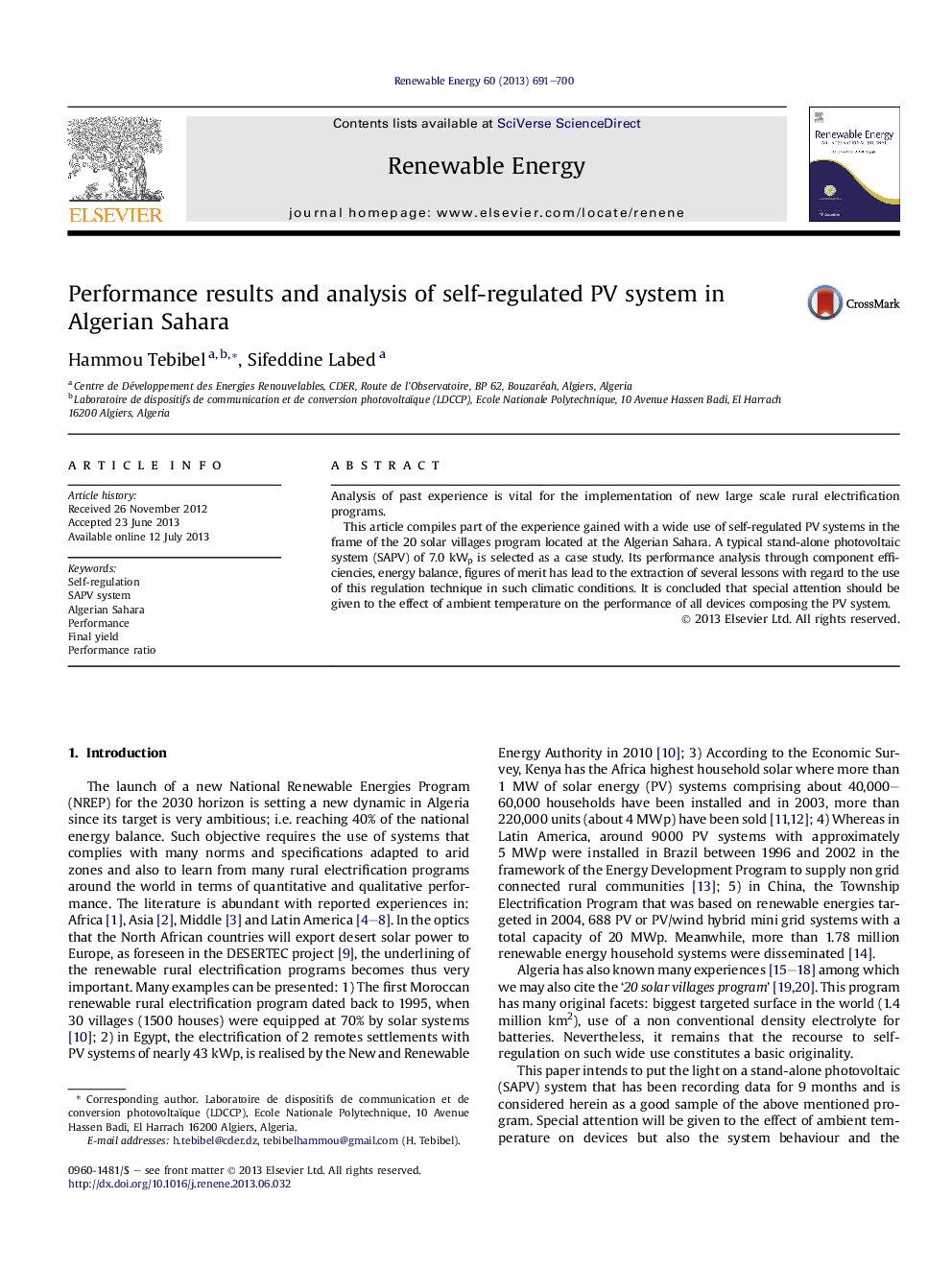 Performance results and analysis of self-regulated PV system in Algerian Sahara