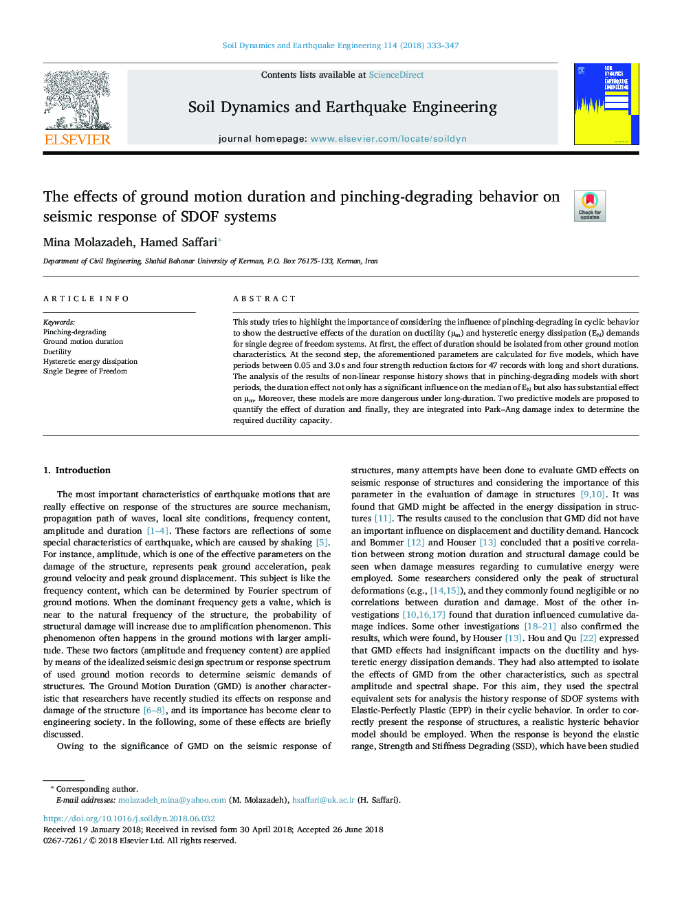 The effects of ground motion duration and pinching-degrading behavior on seismic response of SDOF systems