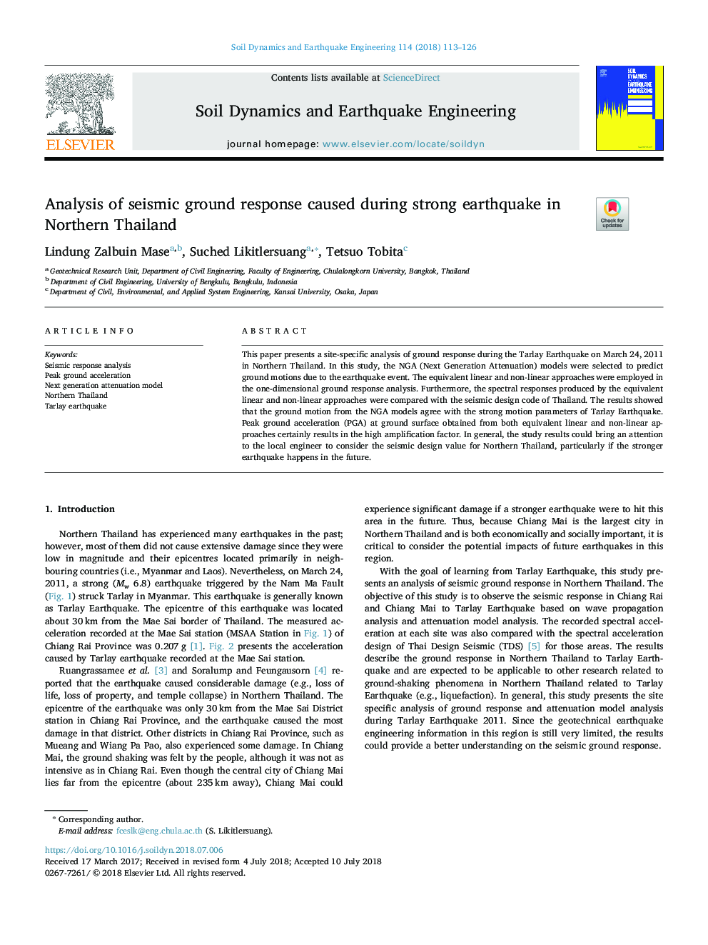 Analysis of seismic ground response caused during strong earthquake in Northern Thailand