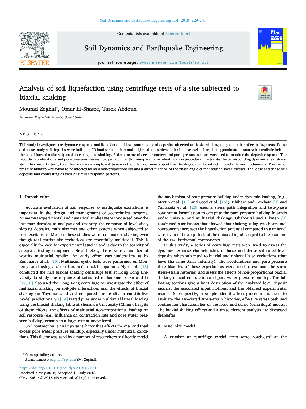 Analysis of soil liquefaction using centrifuge tests of a site subjected to biaxial shaking