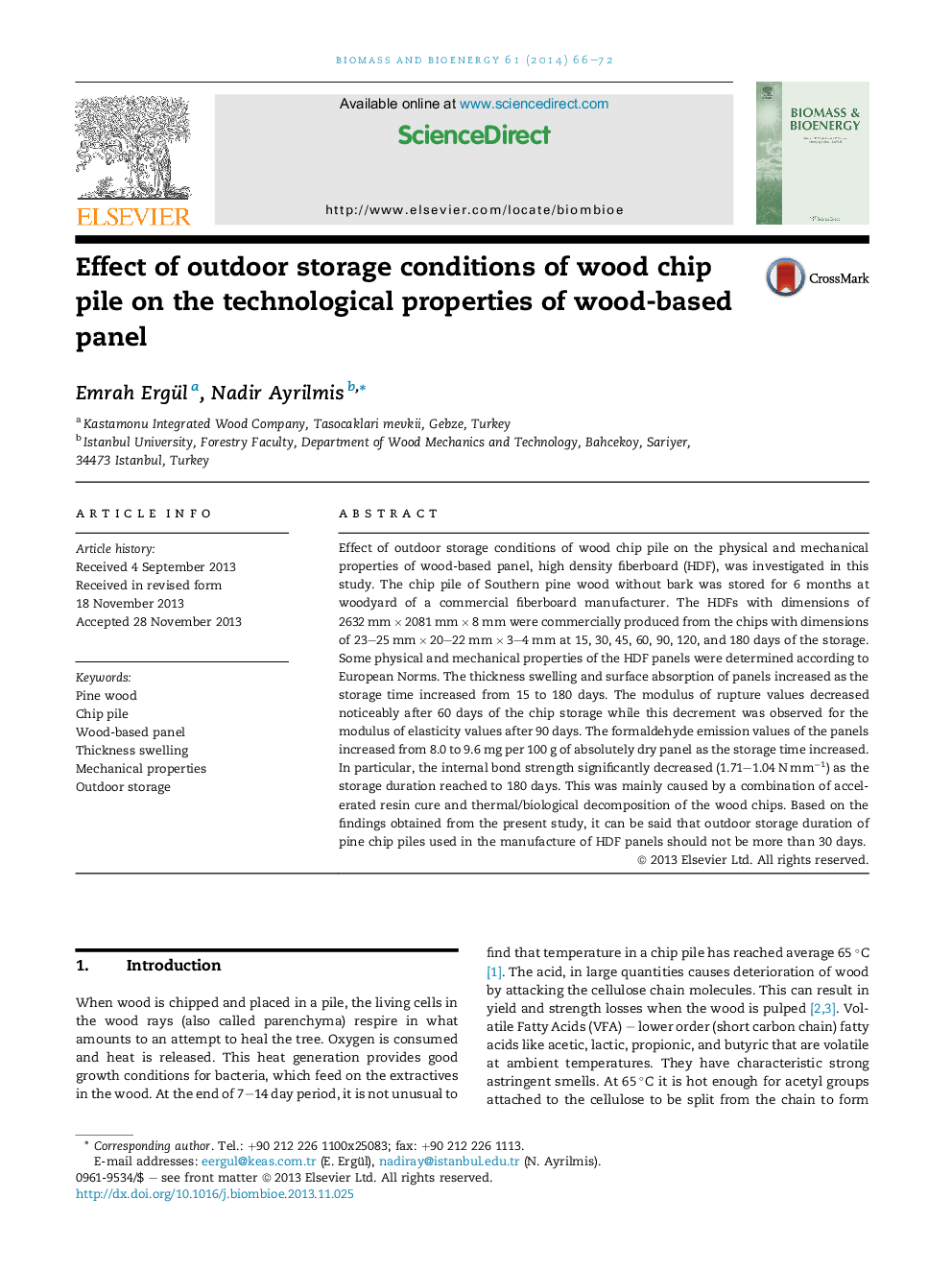 Effect of outdoor storage conditions of wood chip pile on the technological properties of wood-based panel