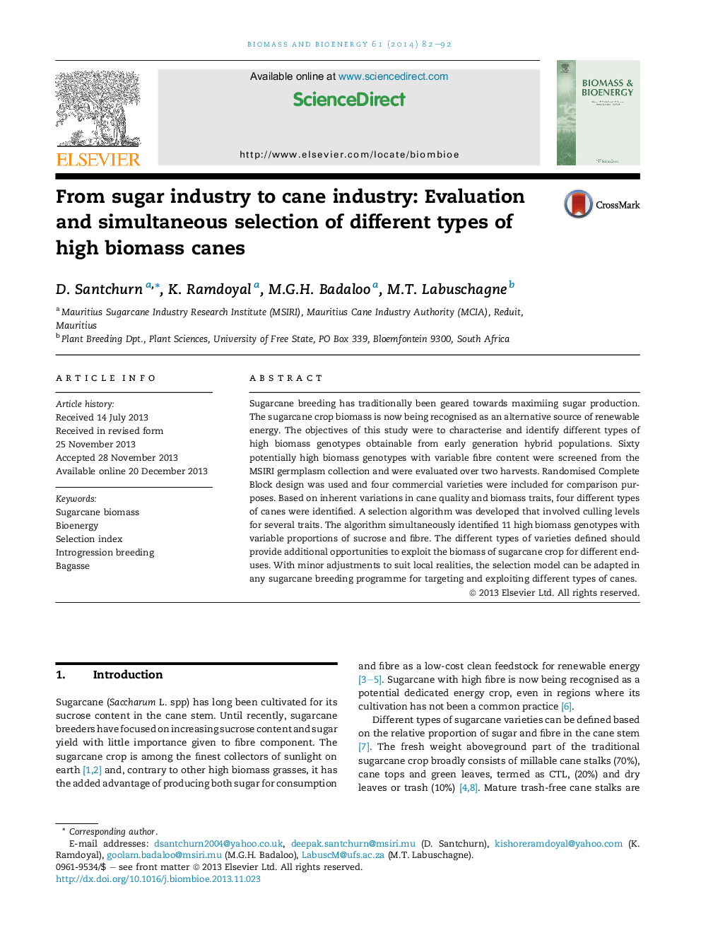 From sugar industry to cane industry: Evaluation and simultaneous selection of different types of high biomass canes