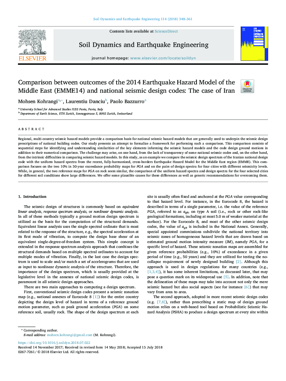 Comparison between outcomes of the 2014 Earthquake Hazard Model of the Middle East (EMME14) and national seismic design codes: The case of Iran