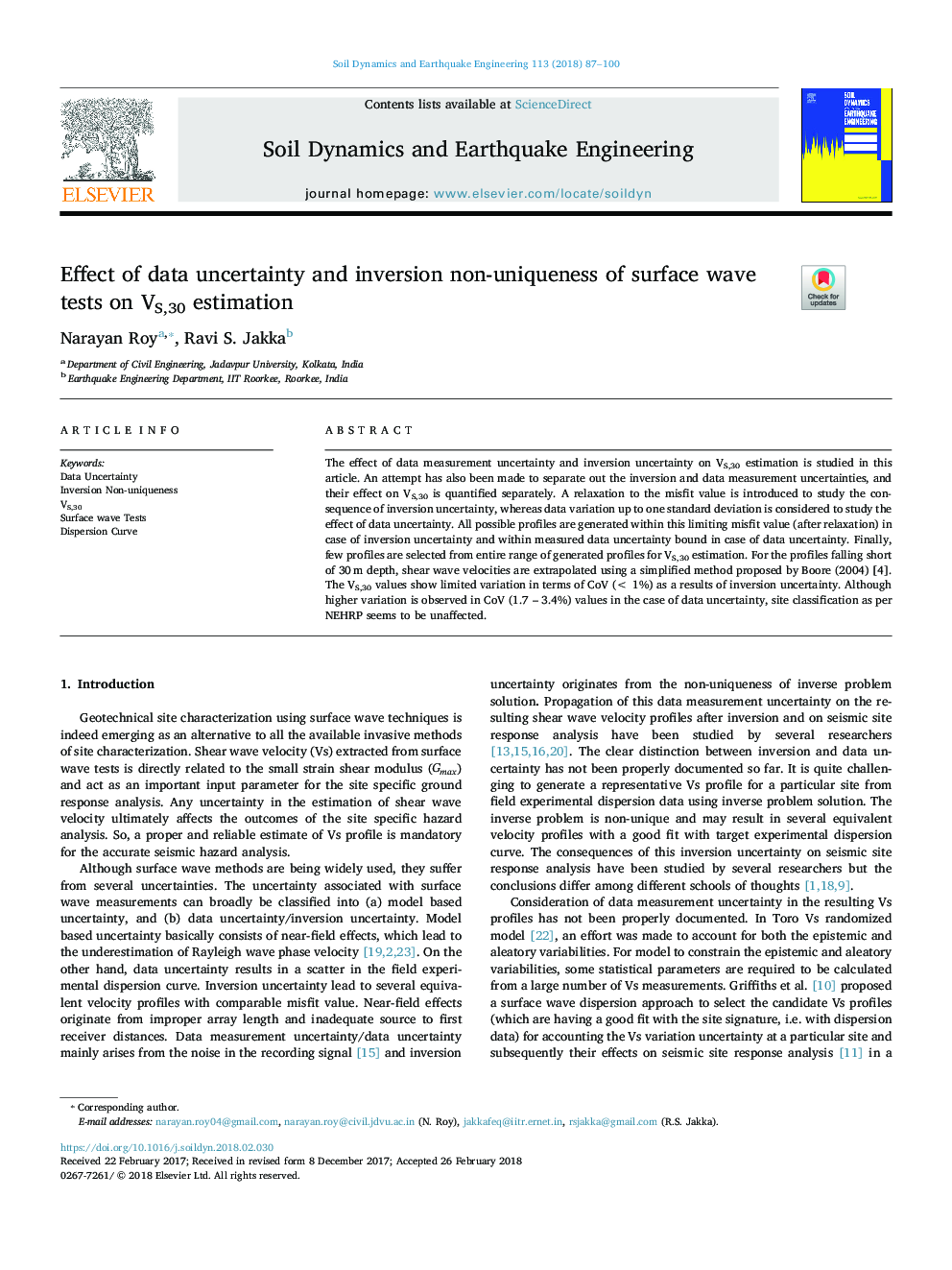 Effect of data uncertainty and inversion non-uniqueness of surface wave tests on VS,30 estimation