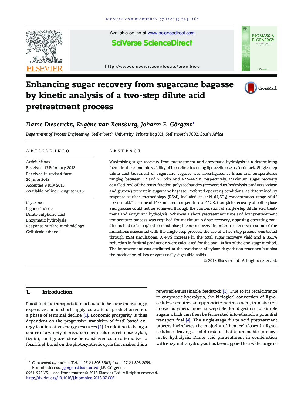 Enhancing sugar recovery from sugarcane bagasse by kinetic analysis of a two-step dilute acid pretreatment process