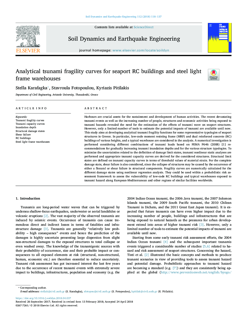 Analytical tsunami fragility curves for seaport RC buildings and steel light frame warehouses