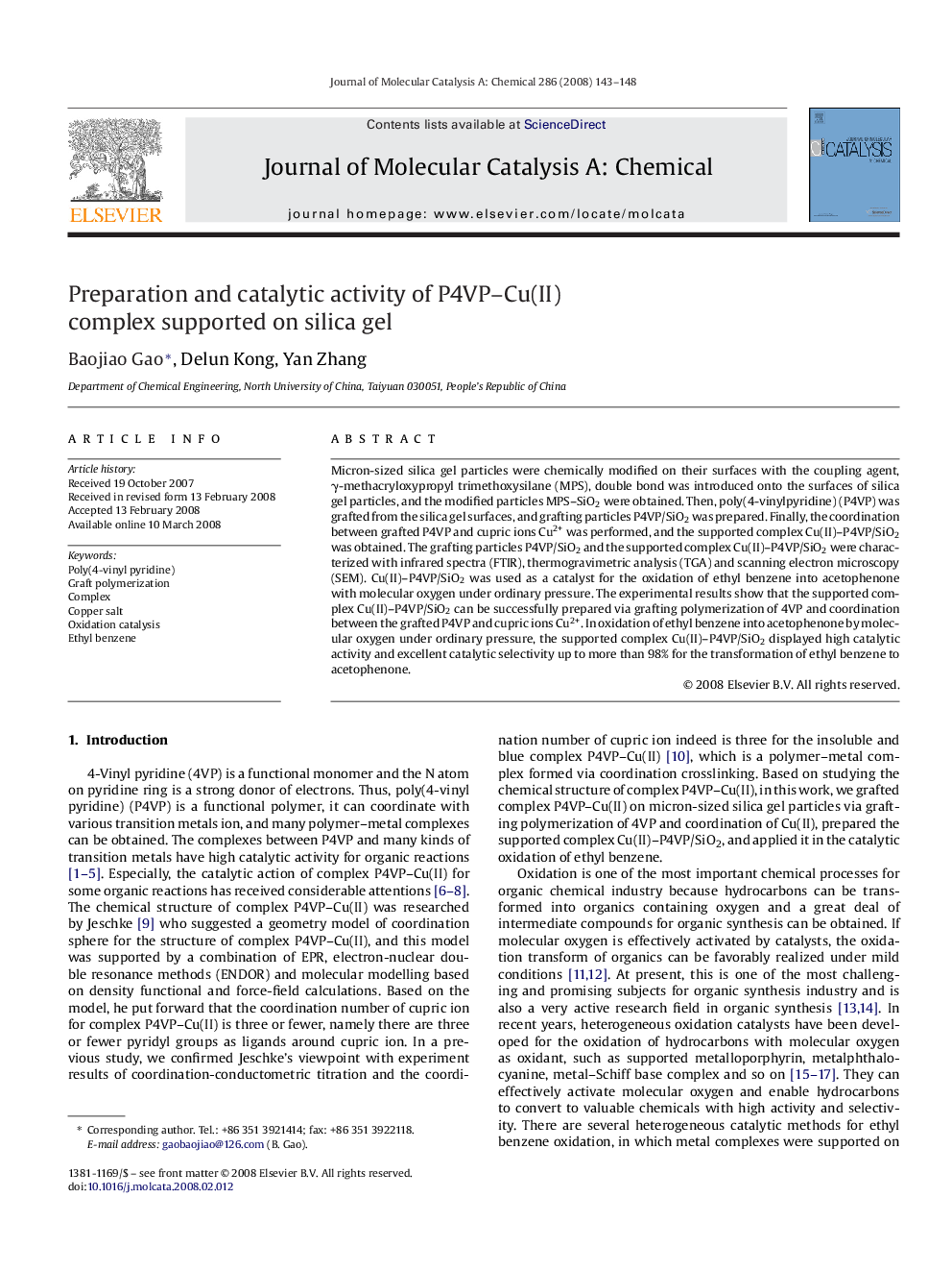 Preparation and catalytic activity of P4VP–Cu(II) complex supported on silica gel