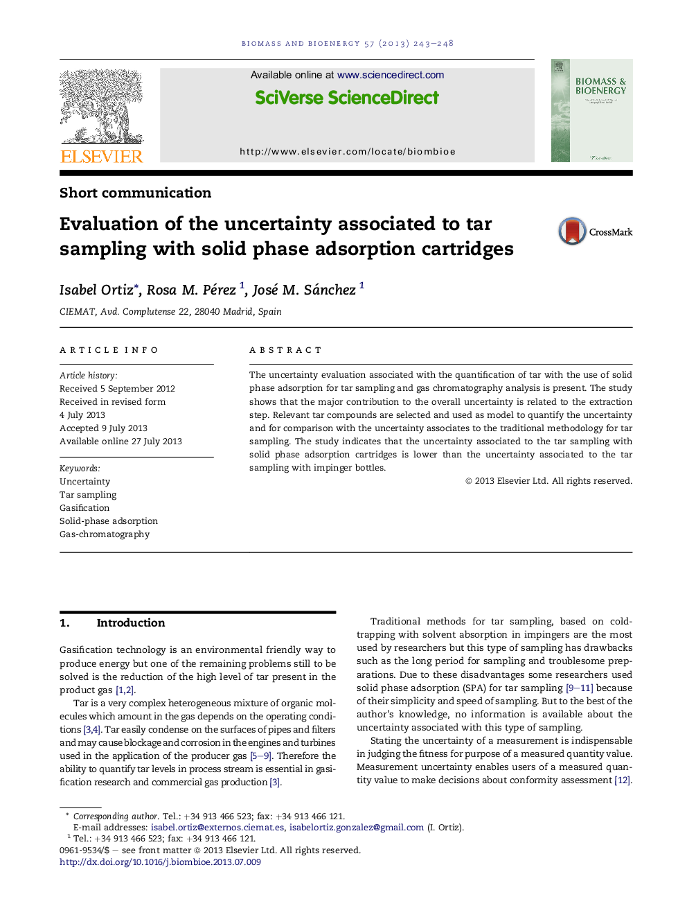 Evaluation of the uncertainty associated to tar sampling with solid phase adsorption cartridges