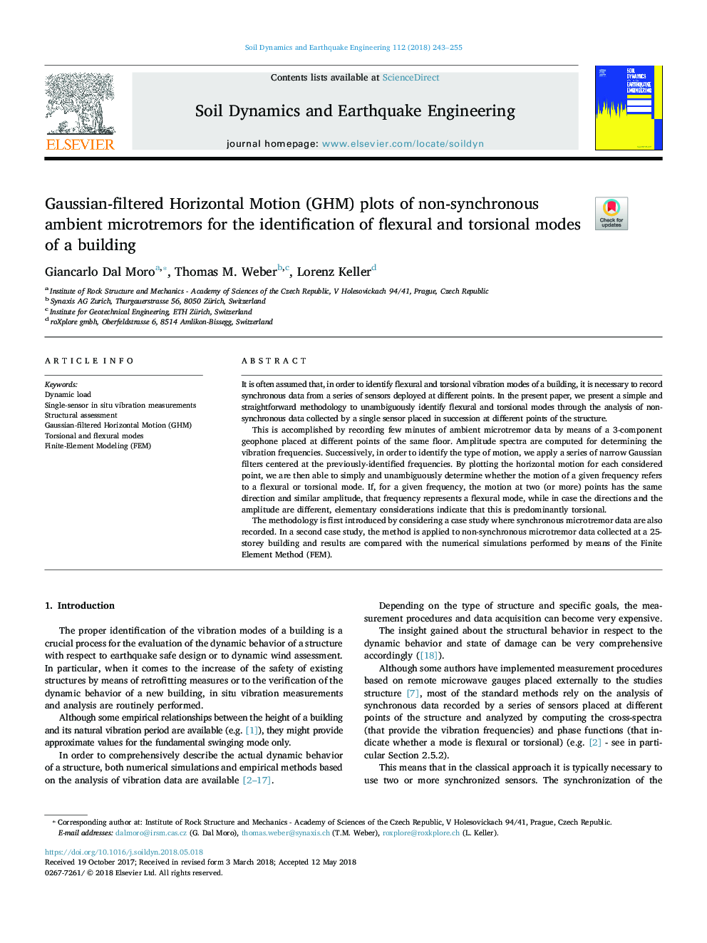 Gaussian-filtered Horizontal Motion (GHM) plots of non-synchronous ambient microtremors for the identification of flexural and torsional modes of a building