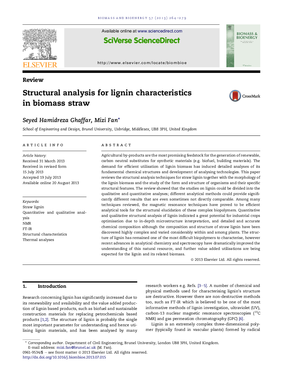 Structural analysis for lignin characteristics in biomass straw