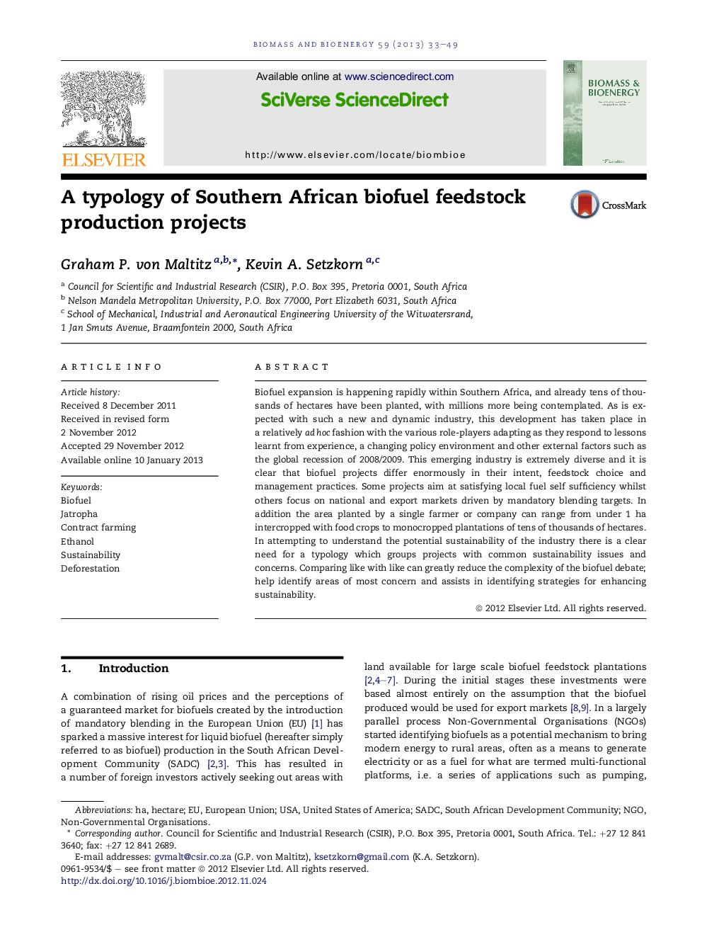 A typology of Southern African biofuel feedstock production projects