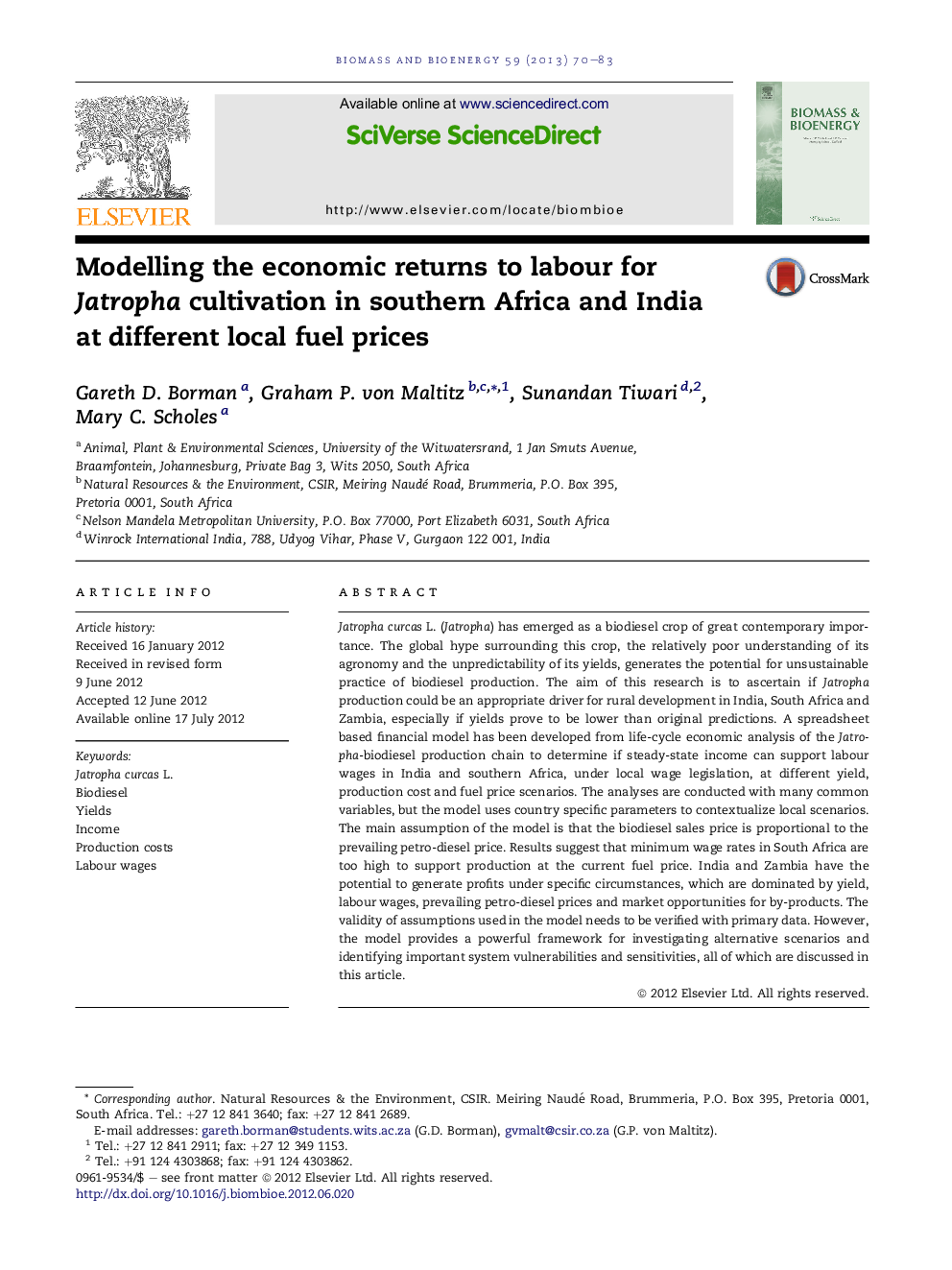 Modelling the economic returns to labour for Jatropha cultivation in southern Africa and India at different local fuel prices