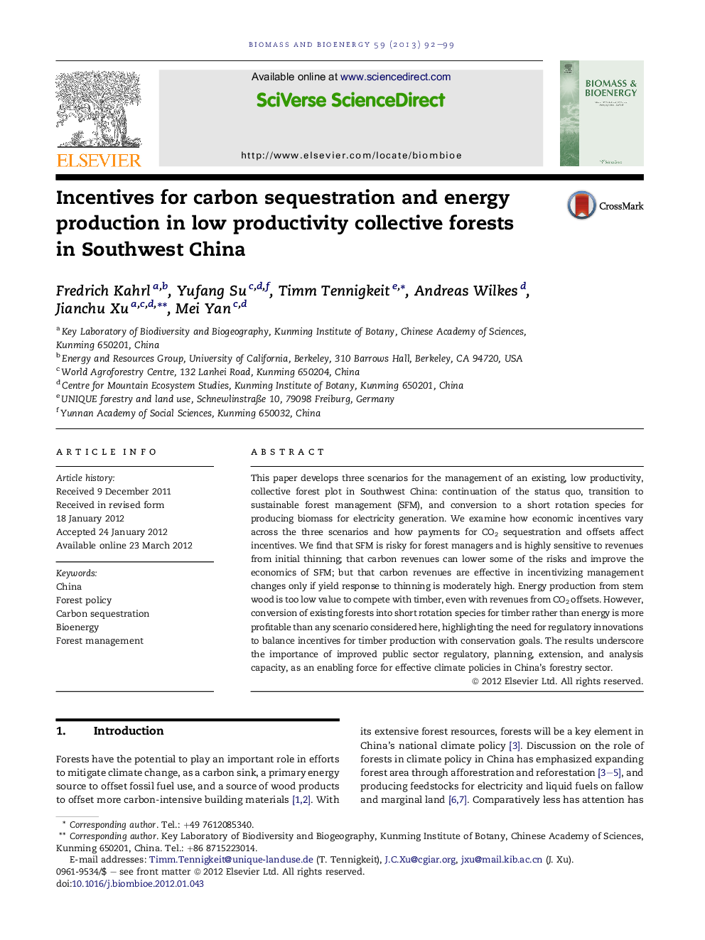 Incentives for carbon sequestration and energy production in low productivity collective forests in Southwest China