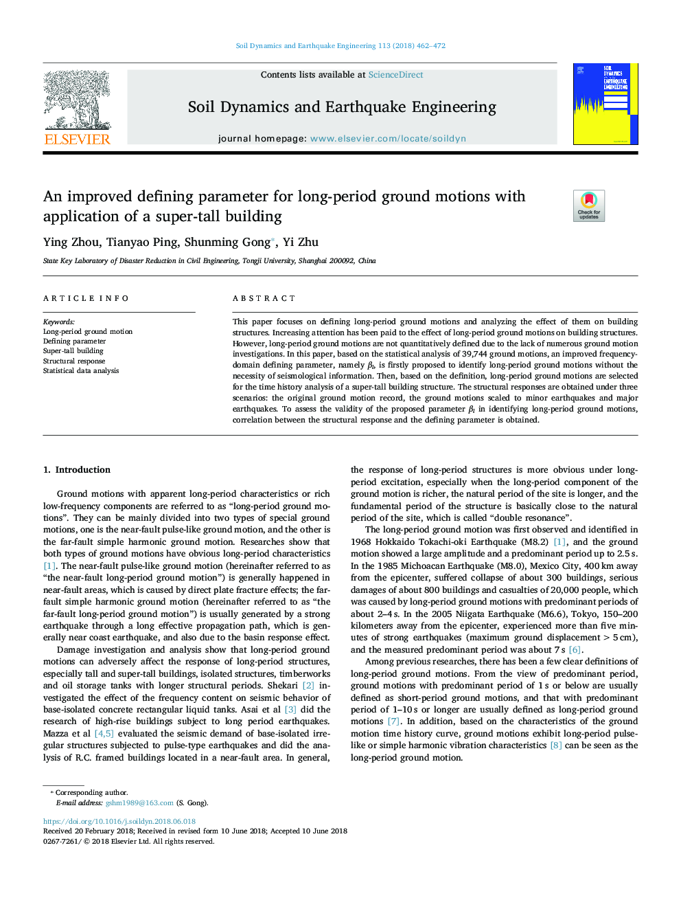 An improved defining parameter for long-period ground motions with application of a super-tall building