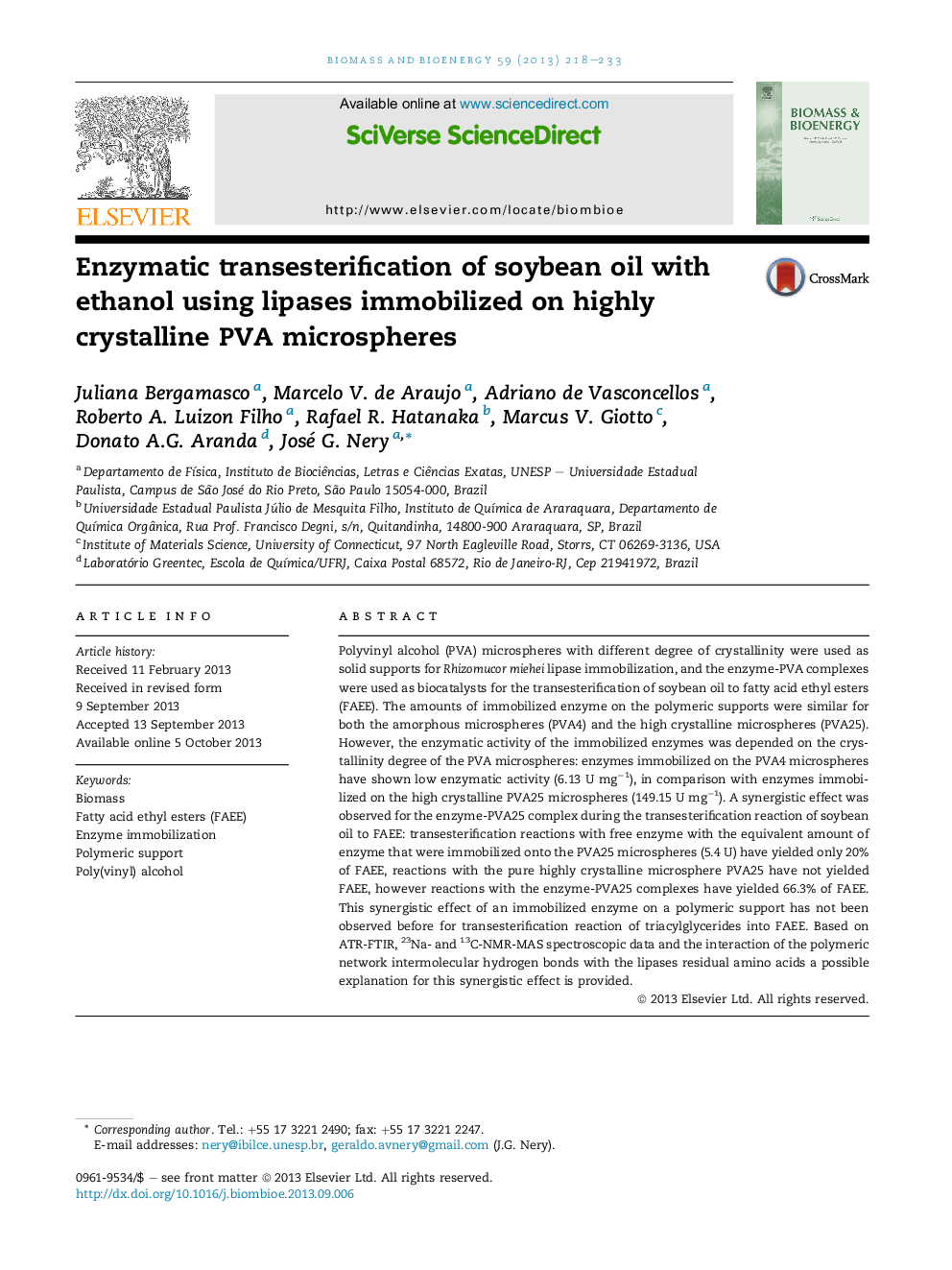 Enzymatic transesterification of soybean oil with ethanol using lipases immobilized on highly crystalline PVA microspheres