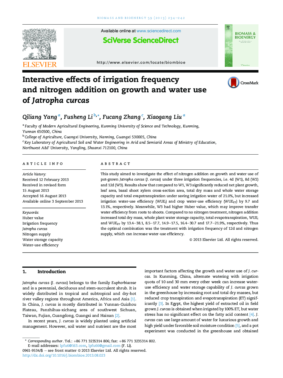 Interactive effects of irrigation frequency and nitrogen addition on growth and water use of Jatropha curcas
