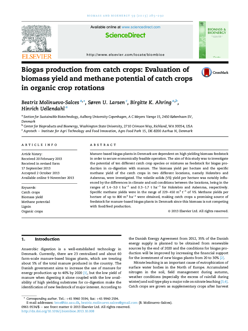Biogas production from catch crops: Evaluation of biomass yield and methane potential of catch crops in organic crop rotations