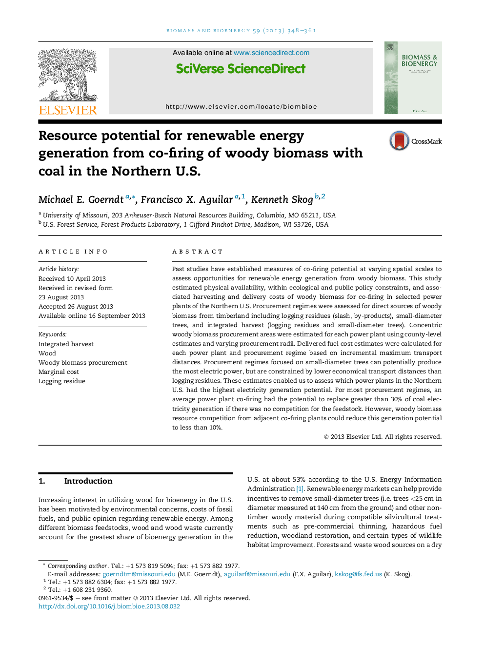 Resource potential for renewable energy generation from co-firing of woody biomass with coal in the Northern U.S.