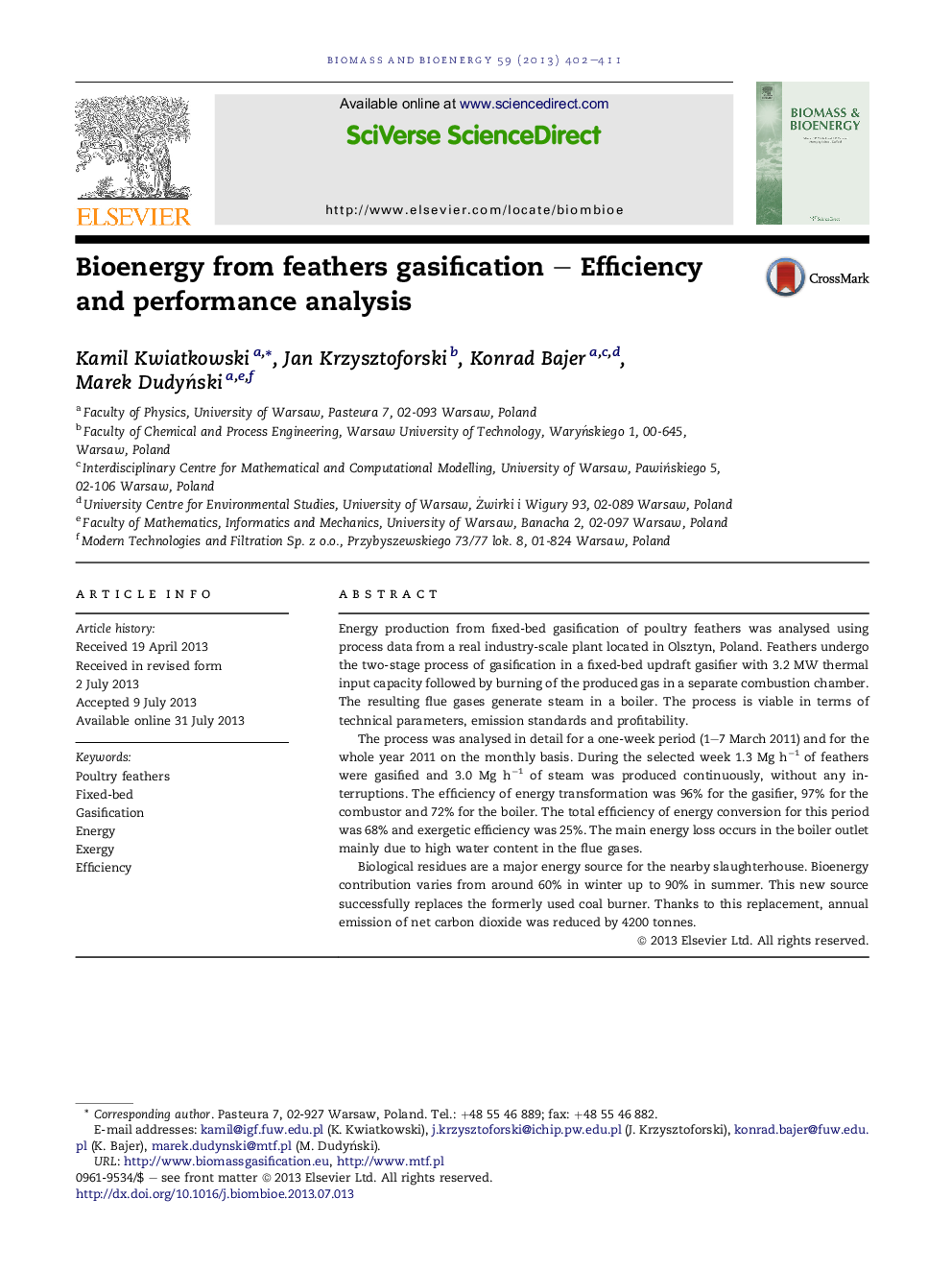 Bioenergy from feathers gasification – Efficiency and performance analysis