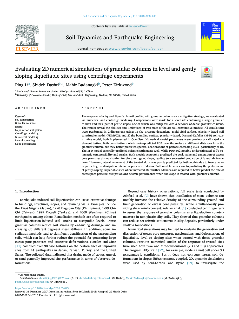 Evaluating 2D numerical simulations of granular columns in level and gently sloping liquefiable sites using centrifuge experiments